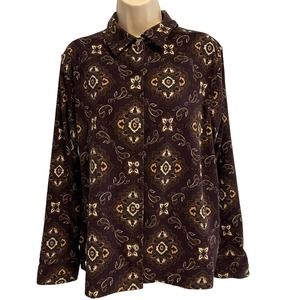 Vintage La Cabana Purple Paisley Smooth Velvet Print Collared Top‎ XL
